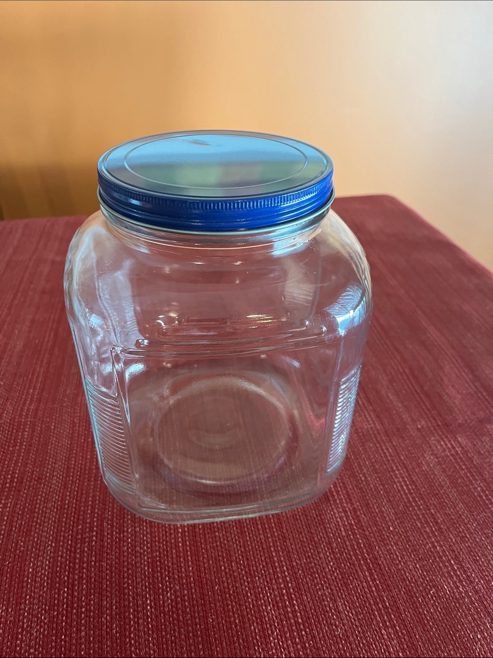 Vintage Hoosier Clear Glass Storage Jar with Blue Lid - Home Kitchen